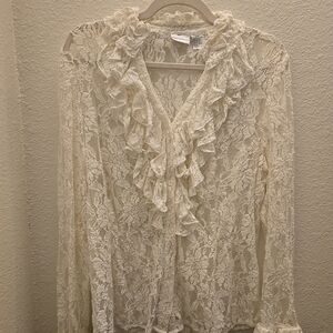 Newport News Size 16 White Lace Ruffle Blouse